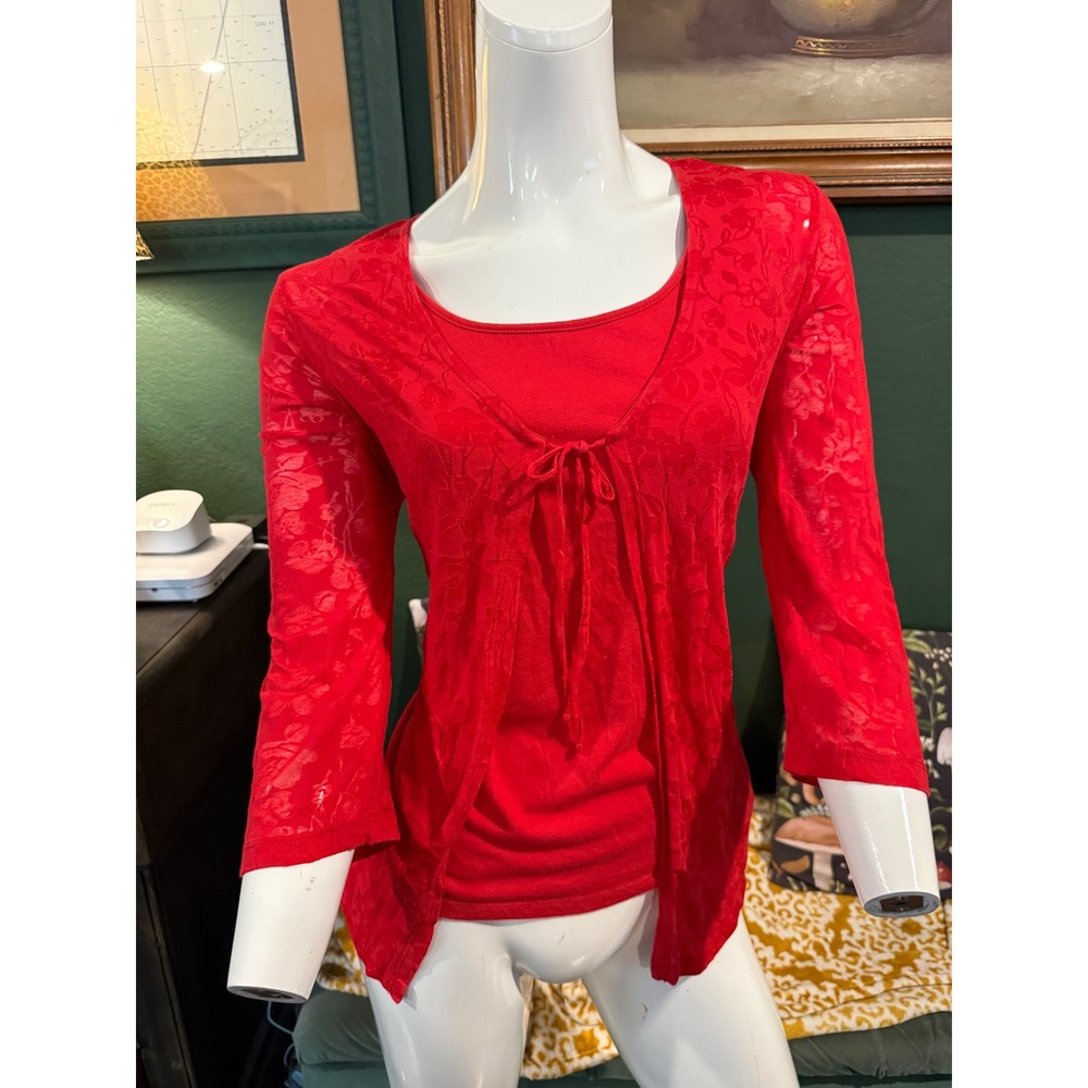 White Stag Womens L Red Floral Burnout Tie Front 2-In-1 Top